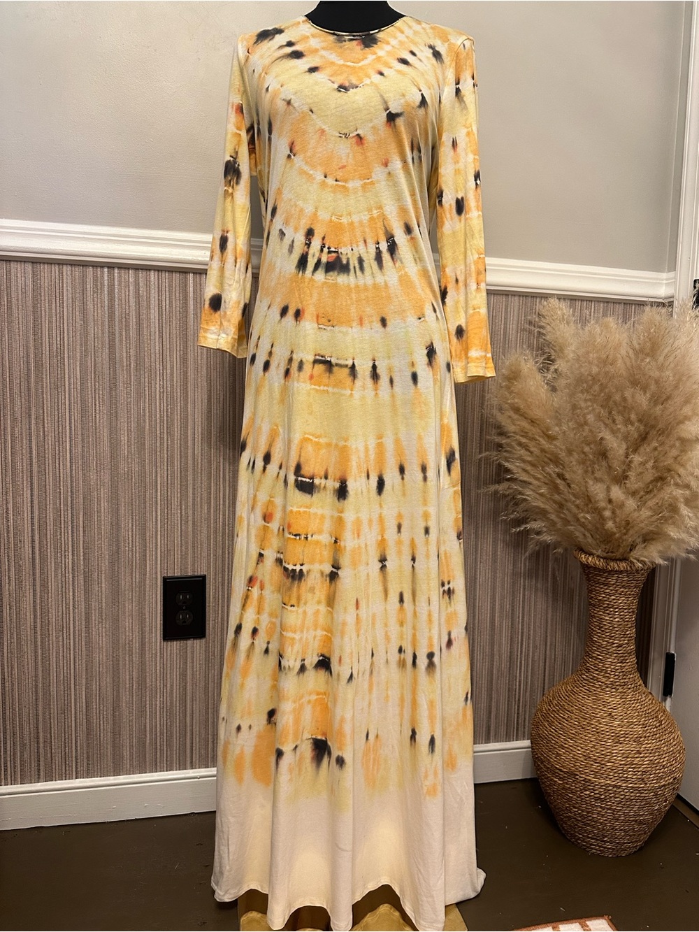 Raquel Allegra Size 2 Tie Dye Maxi Dress Yellow Black Long Sleeve Cotton - Picture 5 of 11
